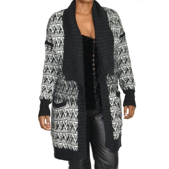 Cynthia Rowley Sweater Black Alpaca Open Front Cardigan Long Chunky Size Medium - Picture 6 of 12